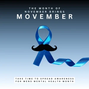 blue ribbon with moustache for Movember Men's mental health month